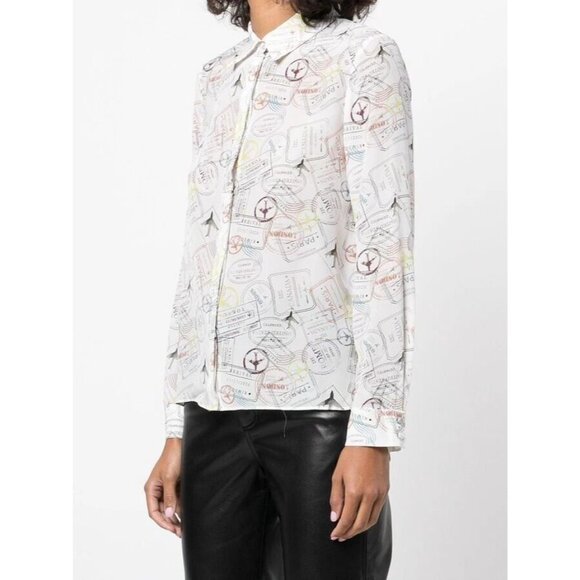 Alice + Olivia Willa Globe Trotter Stamp Silk Blouse Small - Picture 1 of 10